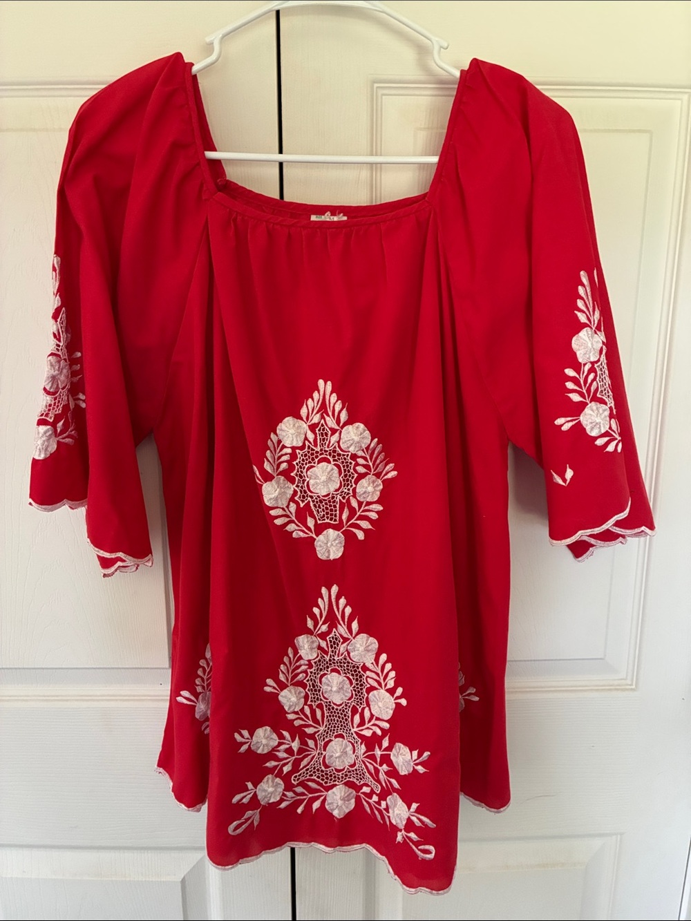 Vintage Red Embroidered Peasant Tunic Top with White Floral Accents